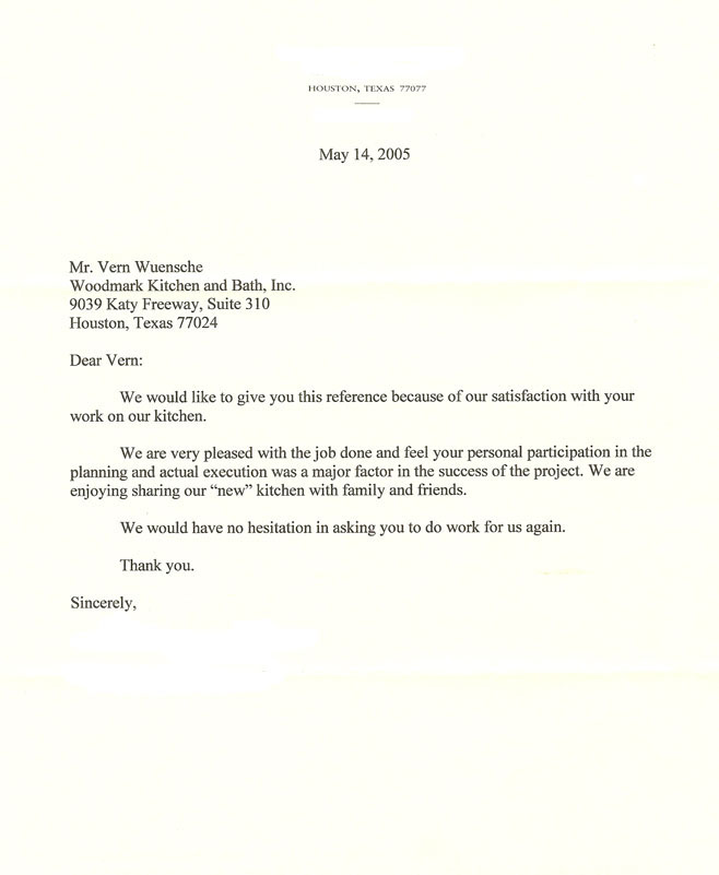 Houston Memorial kitchen 2005 testimonial letter