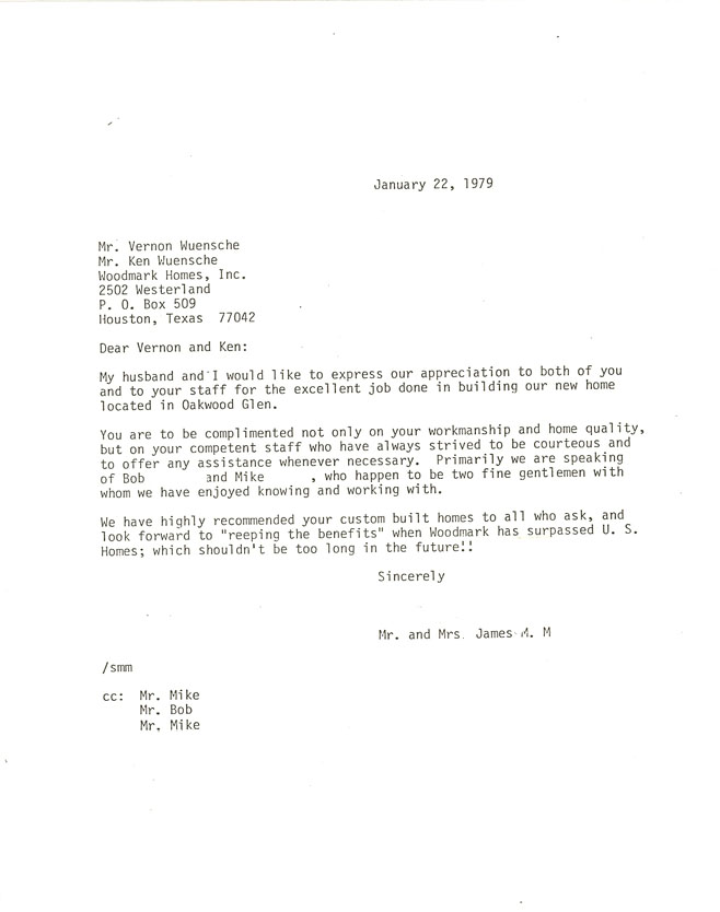 Houston custom home 1979 testamonial letter