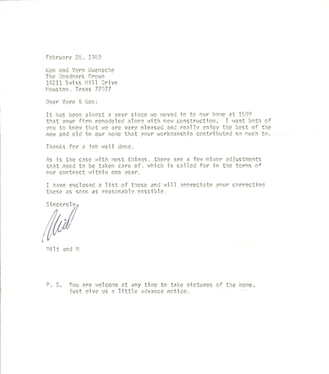Houston kitchen 1989 testimonial letter