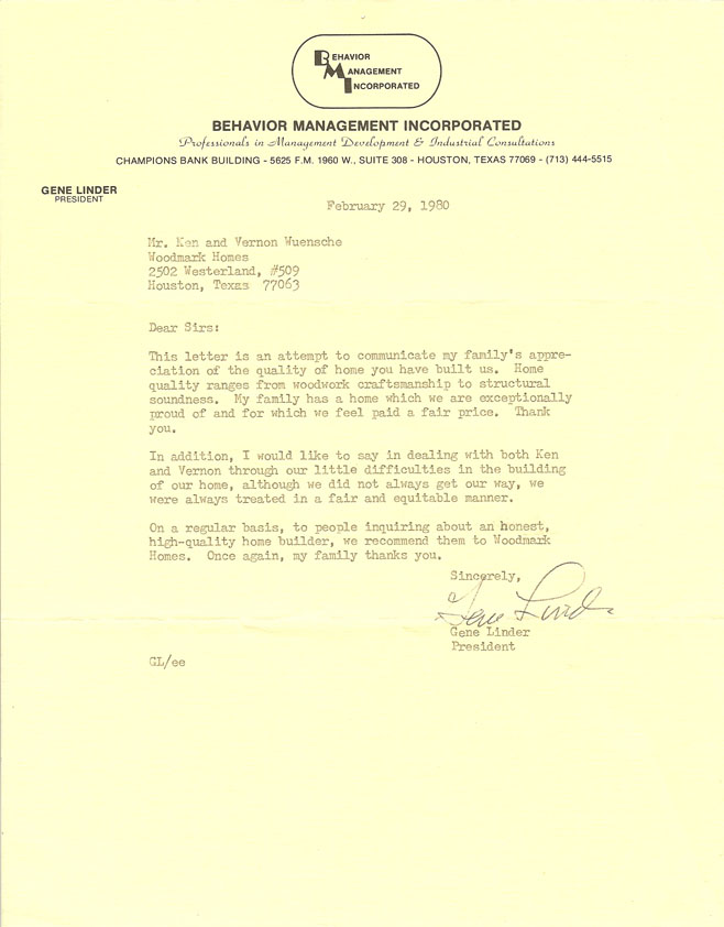 Houston customized home 1980 testimonial letter