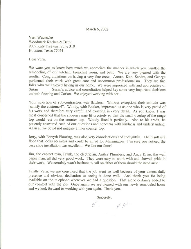 Houston Memorial kitchen 2002 testimonial letter