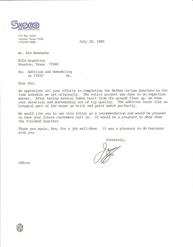 Houston kitchen 1980 testiimonial letter
